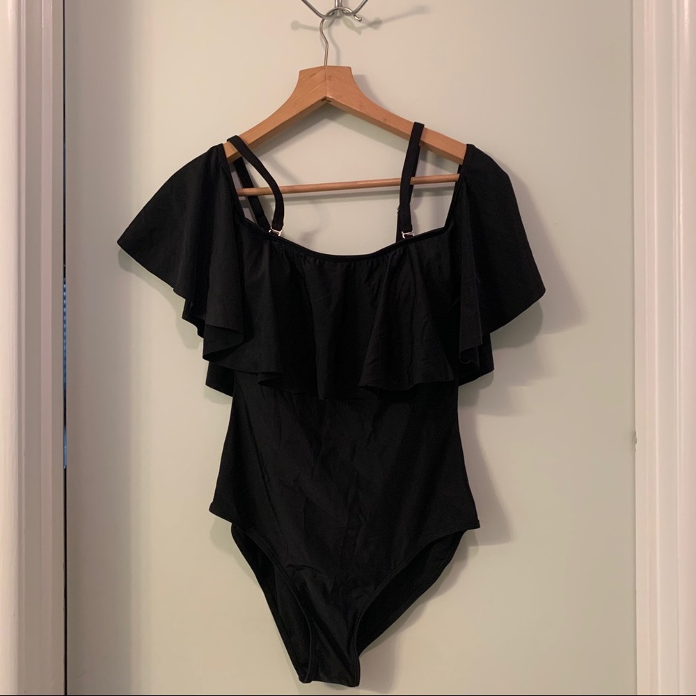 Tempt me black swimsuit sz M off the shoulder